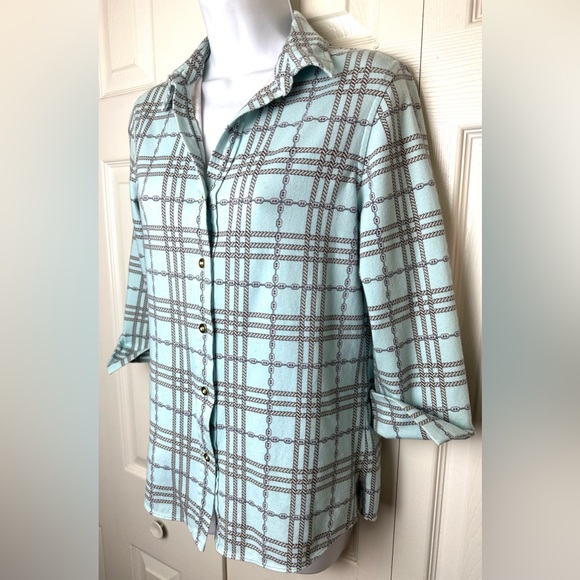 FOXCROFT Pale Blue Knit Button Down Shirt Top Blouse Chain Rope Pattern Nautical - Picture 2 of 10